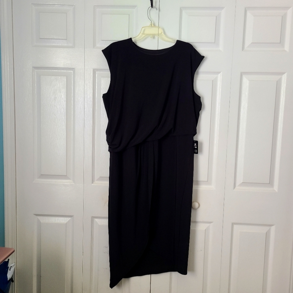 Crew Neck Cap Sleeve Ruched Draped Midi Sheath Dress